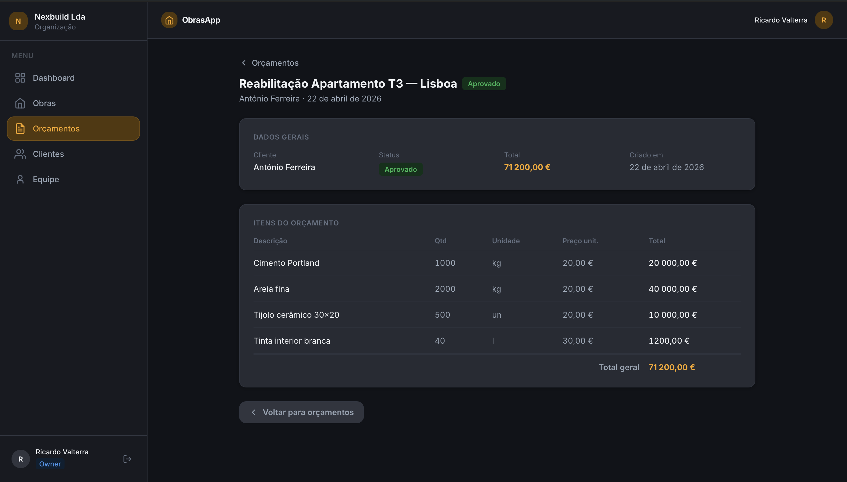 Dashboard Desktop Obras App
